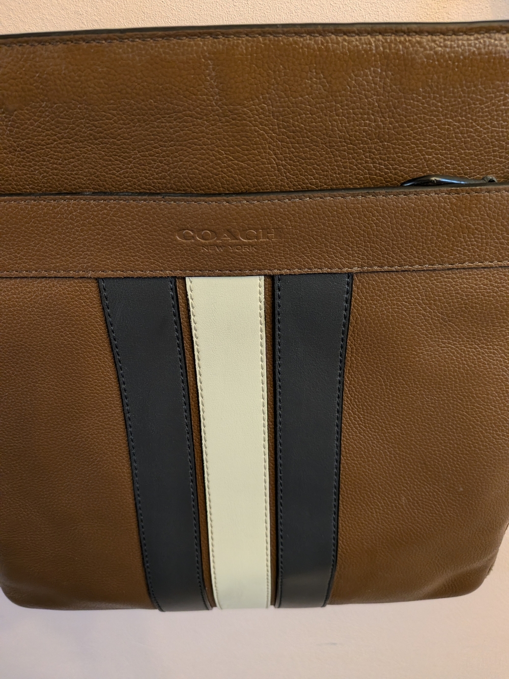 COACH Brown Leather Crossbody Satchel w/ Navy & Cream Stripes